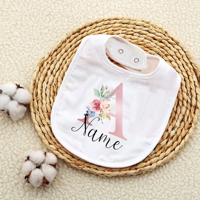 Personalised Baby Bibs Custom Initial with Name Girls Cotton Bib Newborn Saliva Towel Flower Print Bib Baptism Baby Shower Gifts