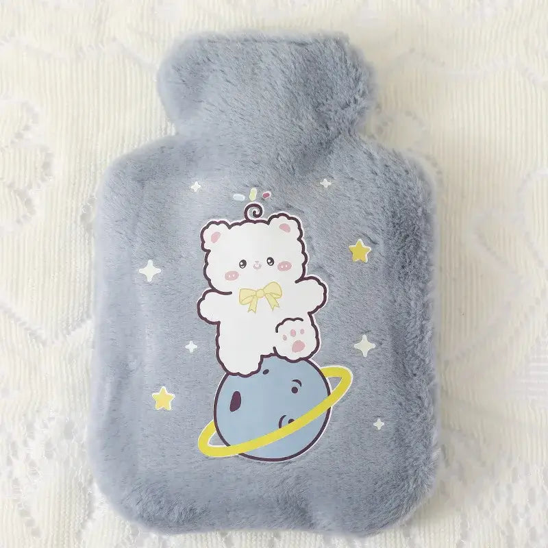 Cute gray hot water bottle featuring a bear on a planet design, perfect for keeping warm during winter.