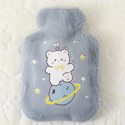 Cute gray hot water bottle featuring a bear on a planet design, perfect for keeping warm during winter.