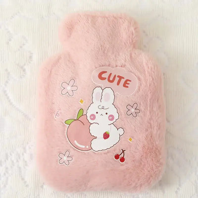 Soft pink hot water bottle with cute bunny design, ideal for keeping warm in winter.