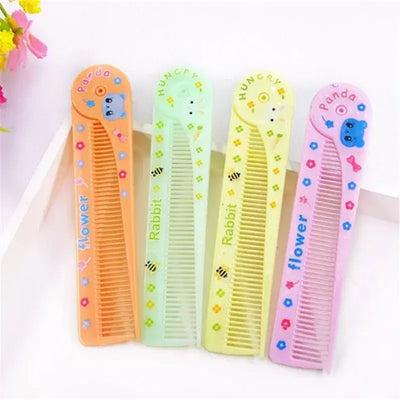 Colorful cartoon baby hair care combs featuring panda and rabbit designs, perfect for kids and detangling hair.