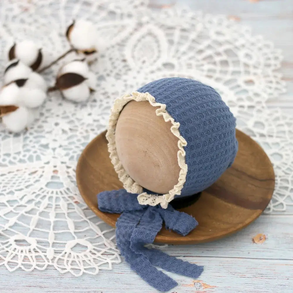 Cute blue newborn hat with lace trim for baby photography props, perfect for 0-6 months girls' photo shoots.