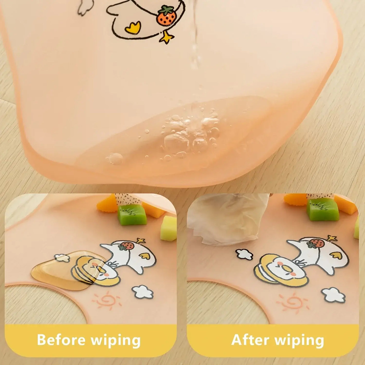 Waterproof baby bib showing before and after wiping images, featuring cute cartoon animal designs for children.