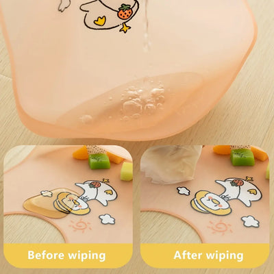 Waterproof baby bib showing before and after wiping images, featuring cute cartoon animal designs for children.