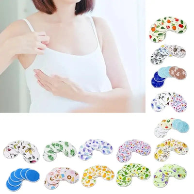 Woman using washable bamboo nursing pads with colorful patterns in a set of 6, designed for breastfeeding comfort.