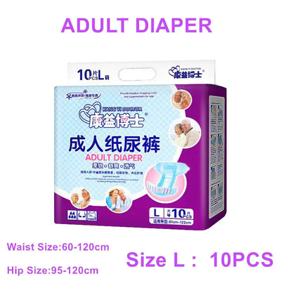 Pack of adult diapers, size L, 10 pieces, designed for comfort, featuring waist size of 60-120cm and hip size of 95-120cm.