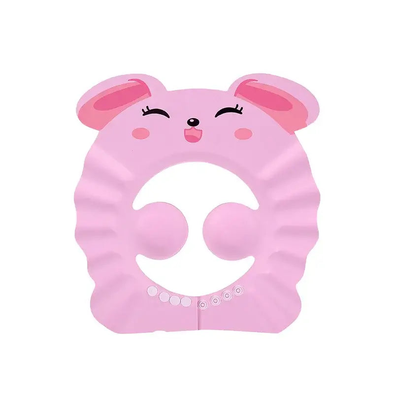 Cute pink baby shower soft cap with animal design for ear protection during shampoo and bathing.