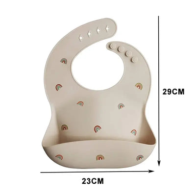 Cute silicone baby bib with rainbow design, adjustable, waterproof, 29cm x 23cm, perfect for toddlers.