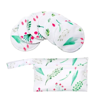 Washable nursing pads set with pouch, featuring floral pattern, ideal for breastfeeding mothers, 6 pieces included.