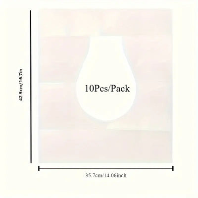 Disposable toilet seat cover for travel, 10 pads per pack, dimensions 42.5cm x 35.7cm, degradable and soluble paper material.
