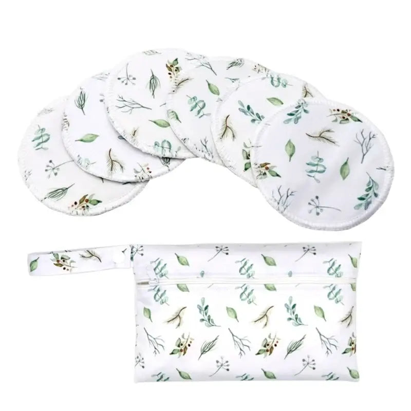 Set of 6 washable nursing pads with floral pattern and a matching zip pouch for breastfeeding mothers.