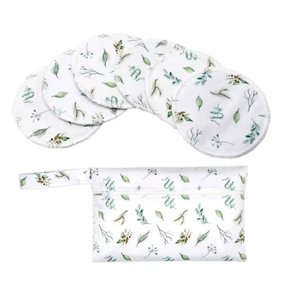Set of 6 washable nursing pads with floral pattern and a matching zip pouch for breastfeeding mothers.