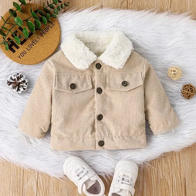 Warm beige corduroy jacket with faux fur collar for newborn boys, perfect winter outerwear for toddlers.
