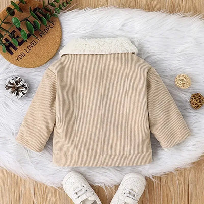 Back view of a warm beige corduroy jacket for newborn baby boy, featuring a cozy collar and perfect for winter.