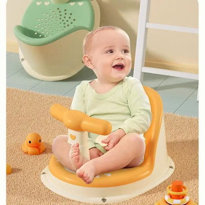 Happy baby sitting in a safe, non-slip bathtub seat, enjoying bath time with toys and a cheerful expression.