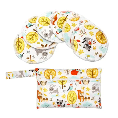 Set of 6 reusable nursing pads in playful animal print with carrying pouch for mothers, featuring waterproof and washable design.