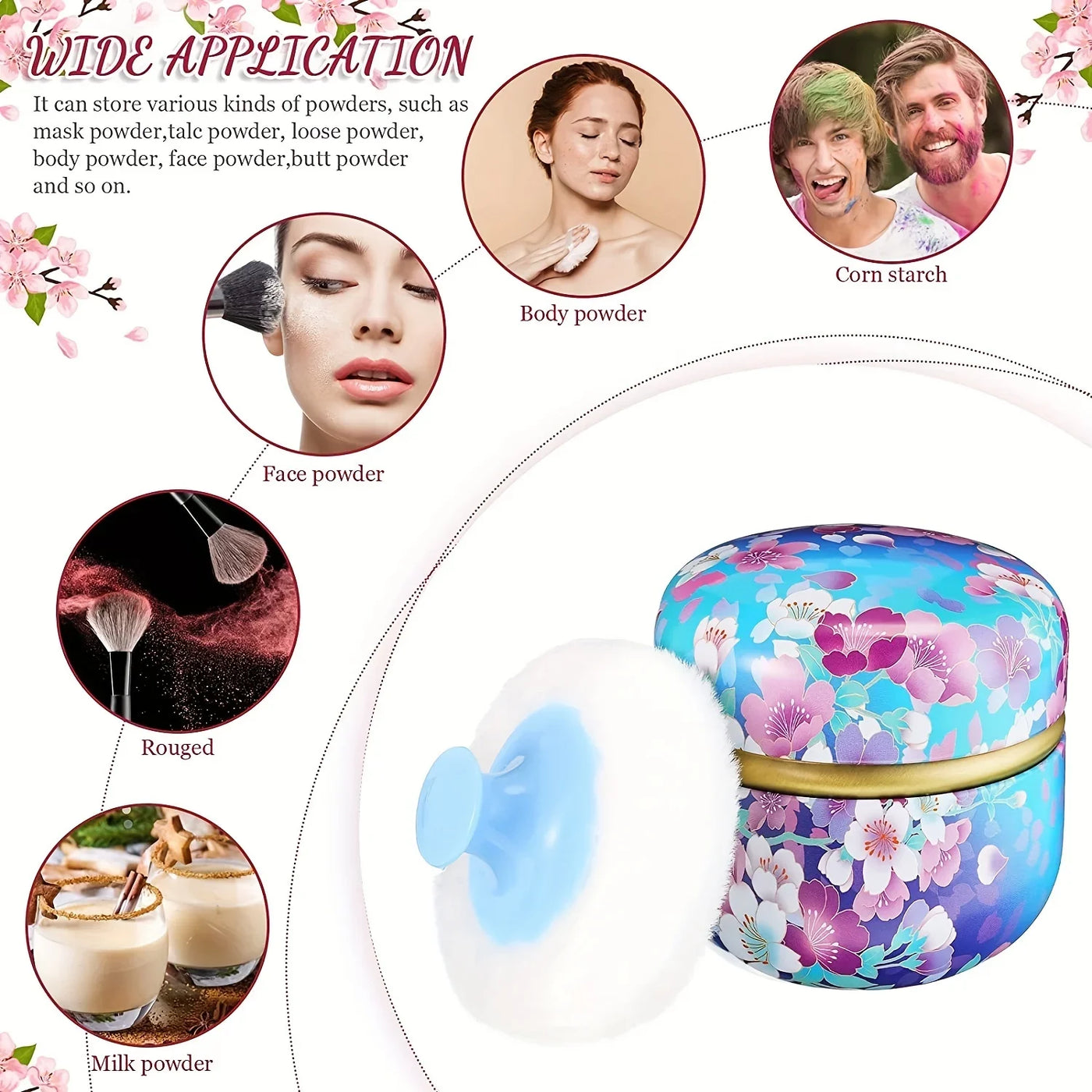 Body Powder Case with Powder Puff Powder Container Tea Box for Baby and Women Powder Puff and Powder Case for Travel