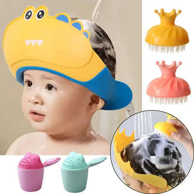 Baby shower hat for hair washing, featuring a fun dinosaur design, shampoo cup, and soft comb for gentle cleaning.