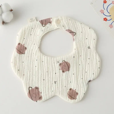 Soft cotton baby bib featuring a cute bear pattern, perfect for feeding and drooling toddlers.